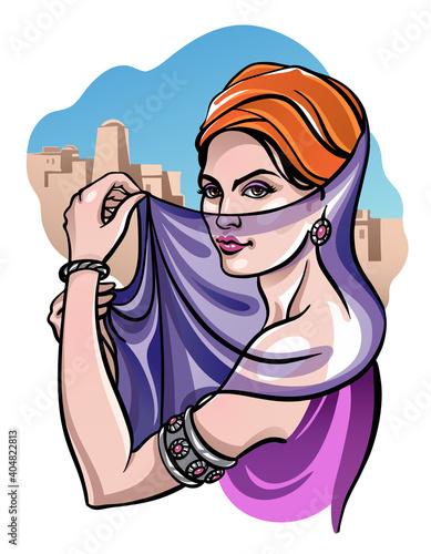 Beautiful Arabian harem dancer girl in ethnic Asian turban holds the veil, city on background.  Hand drawn vector illustration for custom design and print.