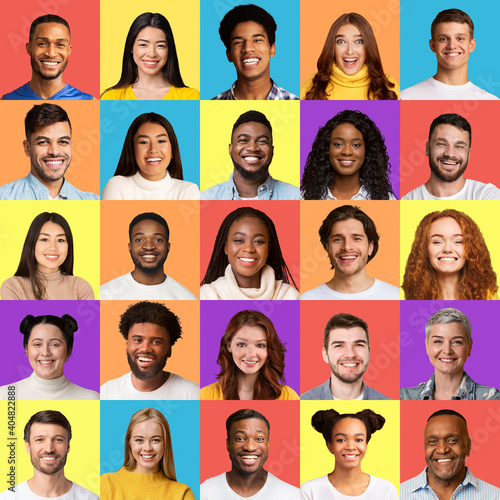Set Of Multiethnic Faces In Square Collage, Colorful Backgrounds