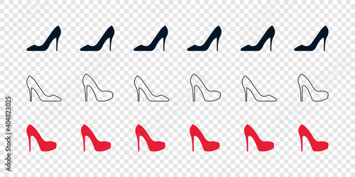 Shoes icons set. Silhouette of elegant womens shoes. High heels icon isolated on transparent background. Vector illustration