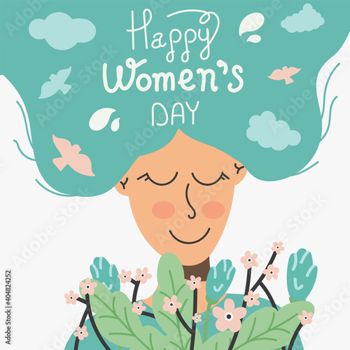 Obraz na plátně Happy women's day hand drawn vector illustration, girl with flowers and lettering on hair