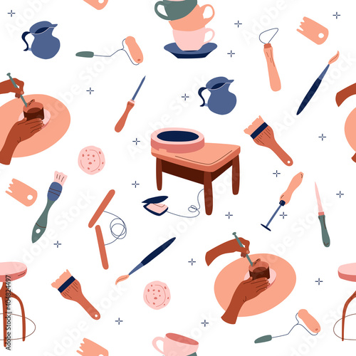Clay crafting seamless pattern in doodle style.Pottery modeling and sculpture tools,instruments. Ceramics workshop.Background,print for website,textile,stationery.Wallpaper for smartphone app.Vector
