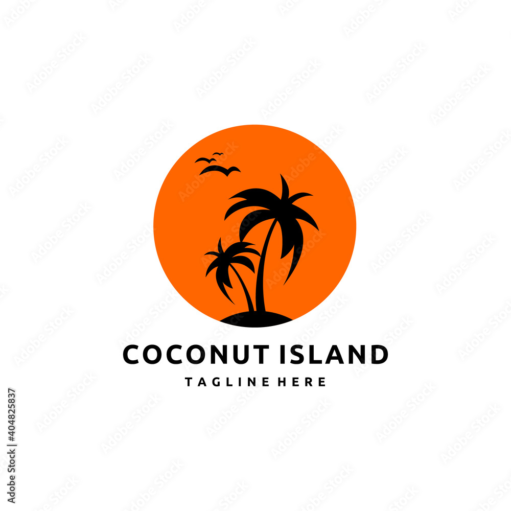 Icon with Palm Trees Silhouette on Island Isolated in Moon Background