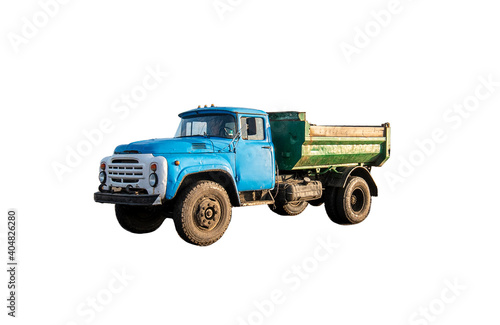 Old rusty truck with blue cab isolated on white background