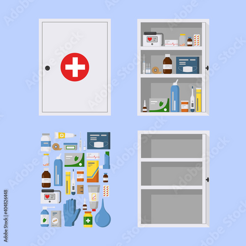 Medicine cabinet for safe medication storage with open and closed door. Set of tablets pills bottles drops. Medical wall box, flat vector illustration. Medicine chest first aid kit on blue background.