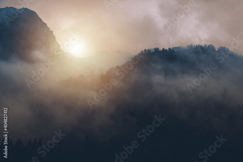 Misty Foggy Sunrise Alpine Scenery