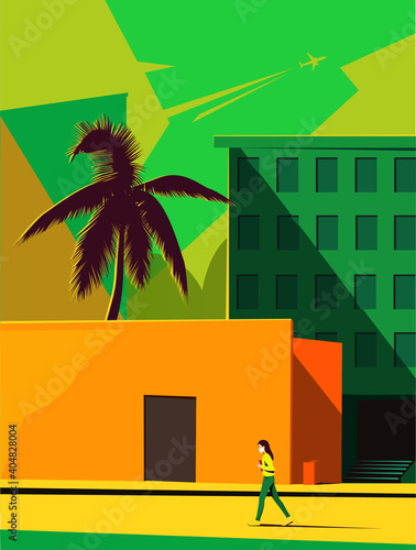 A lonely woman in a medical mask walks through an empty city filled with heat. vector illustration in bright colors