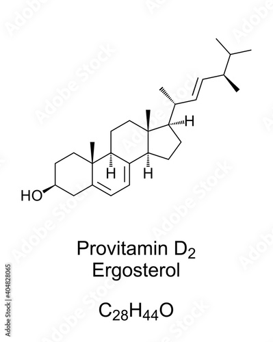 Ergosterol, a provitamin form of Vitamin D2, chemical structure and skeletal formula. A sterol, found in cell membranes of fungi and protozoa. Useful target for antifungal drugs. Illustration. Vector.