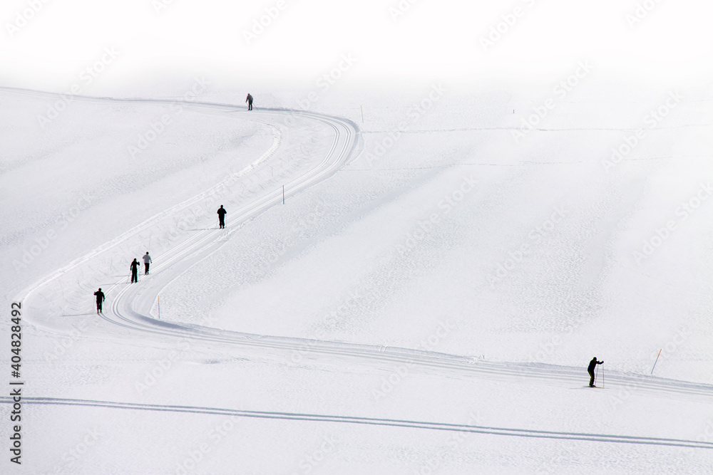Menschen beim Skilanglauf im Schnee Menschen beim Skilanglauf im Schnee