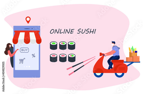 No Contact Home Delivery During Coronavirus.Express Delivery Japanese Food and Asian Meals  During Quarantine on Smartphone.Online Shopping in Medical Mask.Social Distance.Flat Vector Illustration