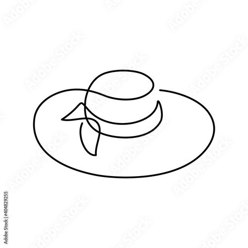 Women sun hat in continuous line art drawing style. Female summer panama with ribbon decoration. Minimalist black linear design isolated on white background. Vector illustration