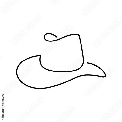 Cowboy hat in continuous line art drawing style. Abstract felt hat or panama minimalist black linear design isolated on white background. Vector illustration