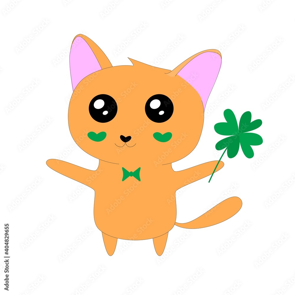 Cartoon Cat with clover. St. Patrick's Day vector illustration.Postcard, poster, banner, print design. Cartoon Cat with clover. St. Patrick's Day vector illustration.Postcard, poster, banner, print design.