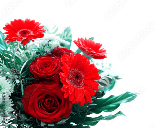 Valentine's day background with gerberas and roses isolated on white .