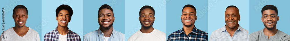 Portraits of black men in a row over blue, collage Portraits of black men in a row over blue, collage