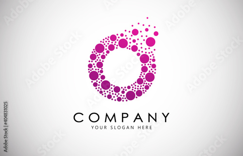 O Letter Logo with Dispersion Effect and Dots, Bubbles, Circles. O Dotted letter in purple gradient vector illustration.
