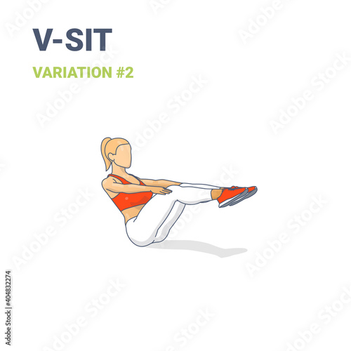 V-Sit Female Home Workout Exercise Guide Illustration Colorful Concept or Navasana Boat Yoga Pose