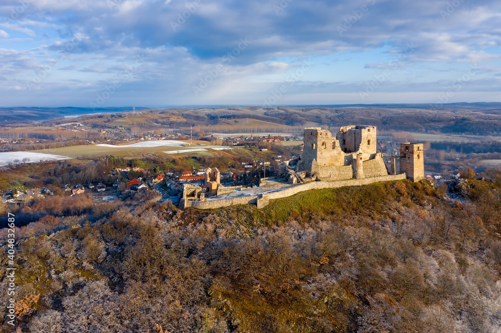 Csesznek, Hungary - Aerial view of the Castle of Csesznek, which lies in the Bakony between Győr and Zirc in the village of Csesznek. The castle was constructed after the Mongol invasion of Europe.