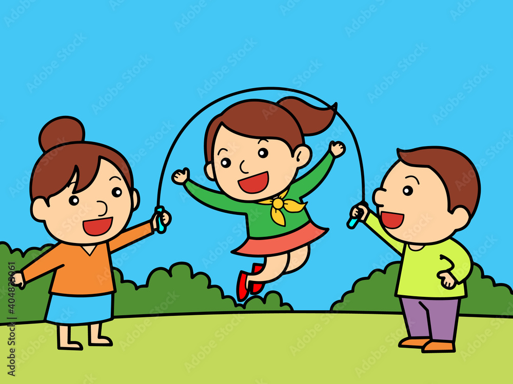 Girls and boy playing jump rope in park with happy faces without color for color book Girls and boy playing jump rope in park with happy faces without color for color book