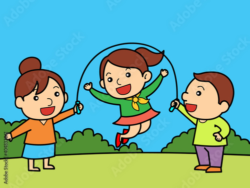 Girls and boy playing jump rope in park with happy faces without color for color book