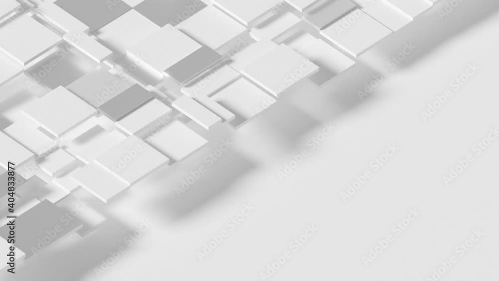 Elegant Dynamic Squares Loop 2 Silver x White: abstract grid of square and rectangle shapes moving gently up and down, on half screen. Empty copy space on the right. Silver and white thin cubes. Elegant Dynamic Squares Loop 2 Silver x White: abstract grid of square and rectangle shapes moving gently up and down, on half screen. Empty copy space on the right. Silver and white thin cubes.