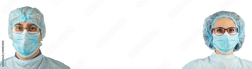 Male and female medical workers looking straight ahead in protective masks headshot portrait closeup on white background banner mockup Male and female medical workers looking straight ahead in protective masks headshot portrait closeup on white background banner mockup