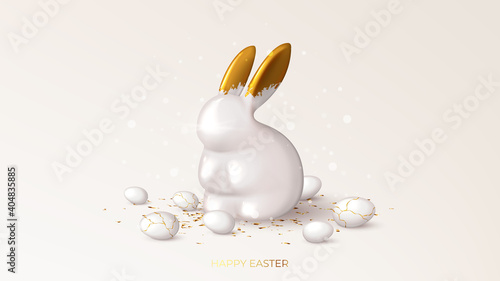 Happy Easter holiday banner template. Festive background with porcelain bunny with gold ears, white eggs and golden confetti. Vector illustration with 3d decorative object. Greeting card.