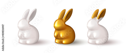Set of realistic bunnies isolated on white background. Realistic porcelain and gold rabbits. Vector illustration with 3d decorative rabbits for Easter design.
