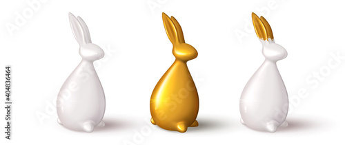 Set of realistic rabbits isolated on white background. Realistic porcelain and gold rabbits. Vector illustration with 3d decorative bunnies for Easter design.