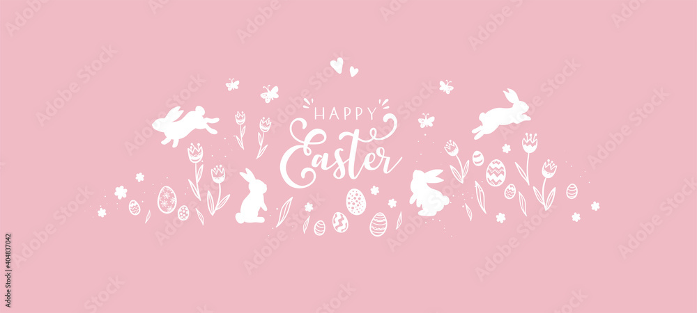 Lovely hand drawn Easter design with bunnies, flowers and Easter Eggs, cute doodles background, great for cards, invitations, banners, wallpapers - vector design