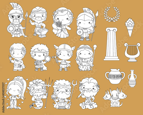 a vector of many Greek Gods in black and white colour