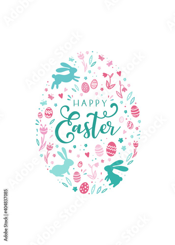 Lovely hand drawn Easter design with bunnies, flowers and Easter Eggs, cute doodles background, great for cards, invitations, banners, wallpapers - vector design photo