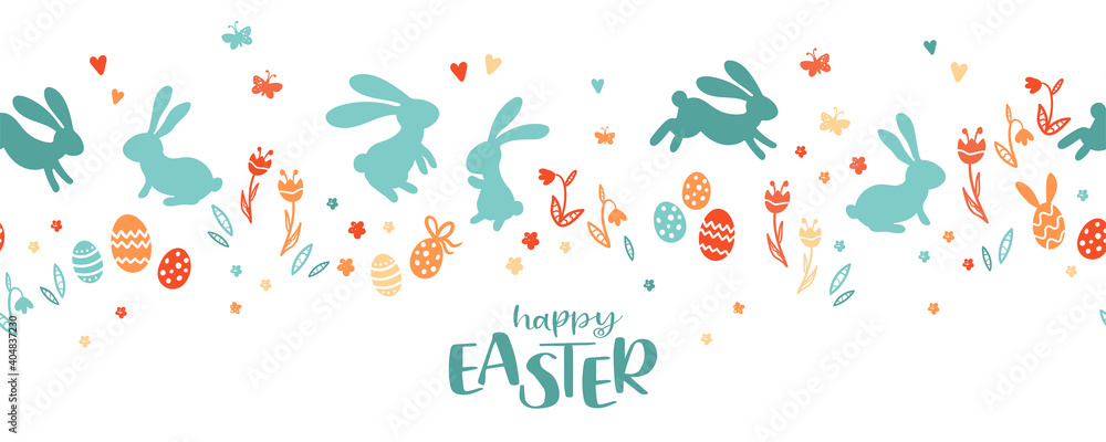 Lovely hand drawn Easter design with bunnies, flowers and Easter Eggs, cute doodles background, great for cards, invitations, banners, wallpapers - vector design