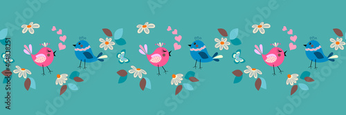 Easter, springtime day seamless border pattern background with small daisy, butterfly and cute love birds