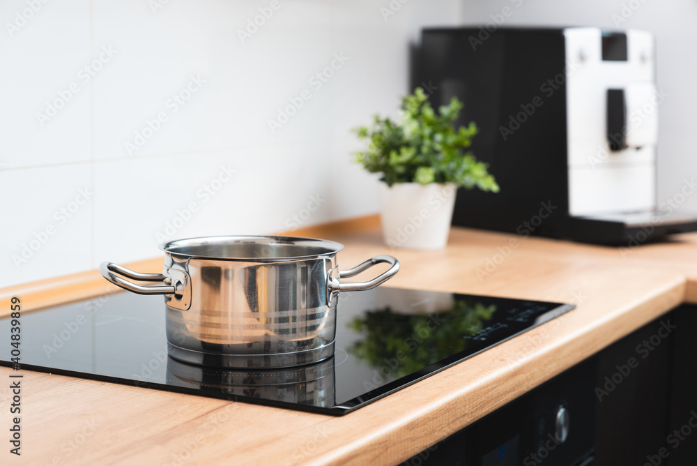 Pot in the kitchen on the induction hob Pot in the kitchen on the induction hob