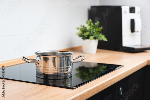 Pot in the kitchen on the induction hob photo