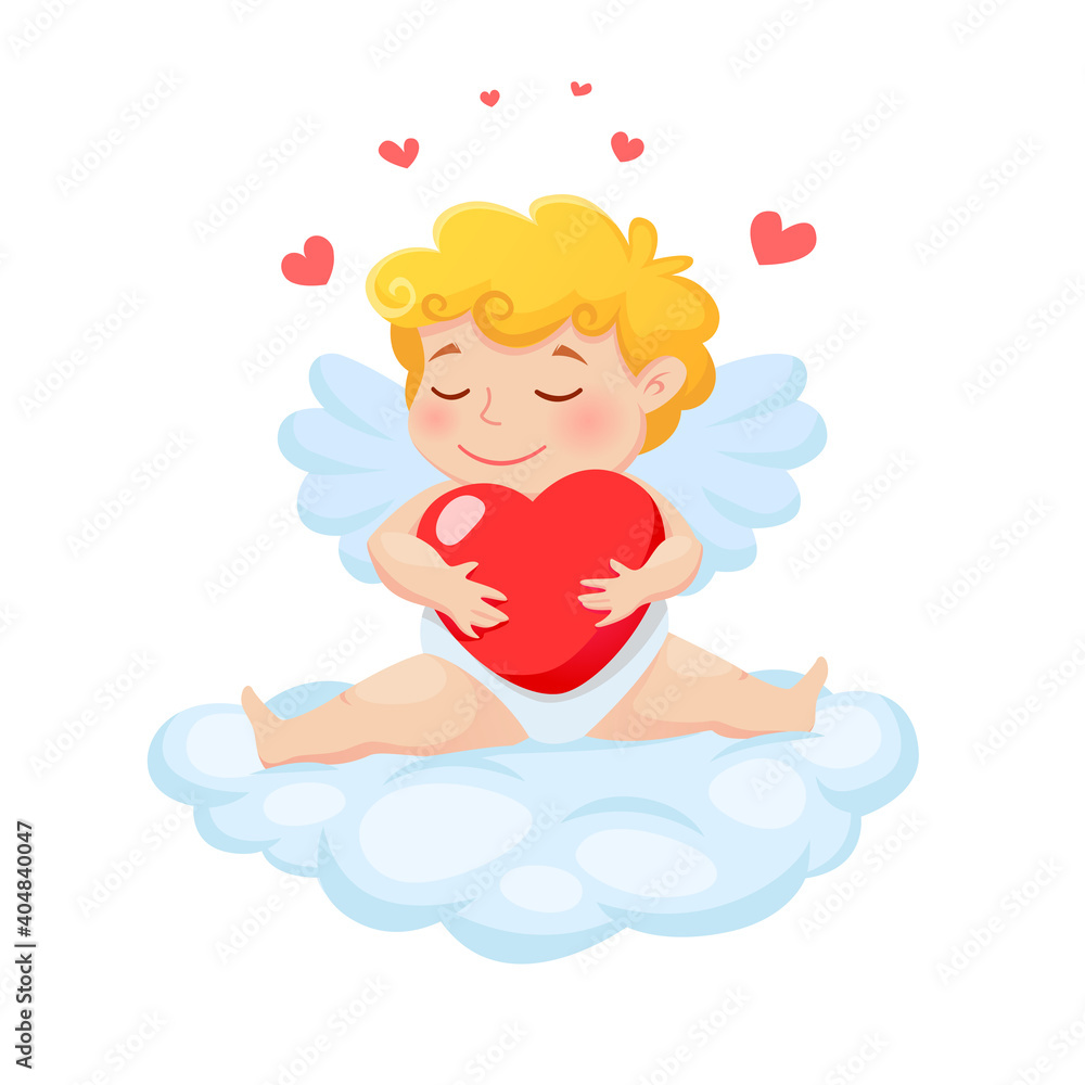 Cute dreaming Cupid with heart is sitting on cloud. Vector illustration for Valentine's day Cute dreaming Cupid with heart is sitting on cloud. Vector illustration for Valentine's day