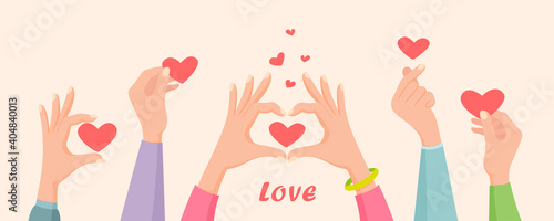 Share your Love. Hands with hearts. Banner for Valentine's day