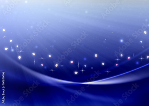 夜桜と光線　星空と桜吹雪と輝く曲線　背景素材（青紫色）