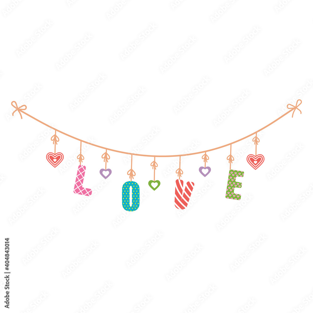 colorful festive garland on ropes with vintage letters with provence style pattern text love, color vector isolated illustration on white background, decor, design, banner design, greeting cards