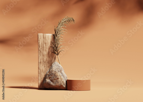 Fototapeta Naklejka Na Ścianę i Meble -  3D podium display on beige, background with stone, wood and dry pampas grass. Brown cosmetic, beauty product promotion rock pedestal with shadow.  Natural showcase. Abstract minimal studio 3D render