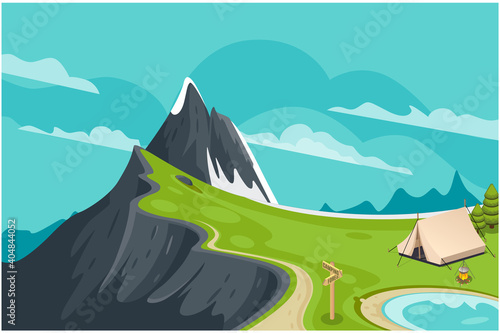 Sunny day landscape illustration in flat style with tent, campfire, mountains, forest and water.