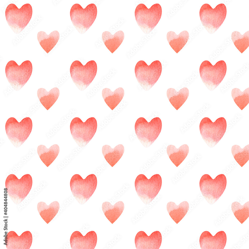 Seamless red watercolor gradient hand painted hearts pattern. Valentine's day pink background  
