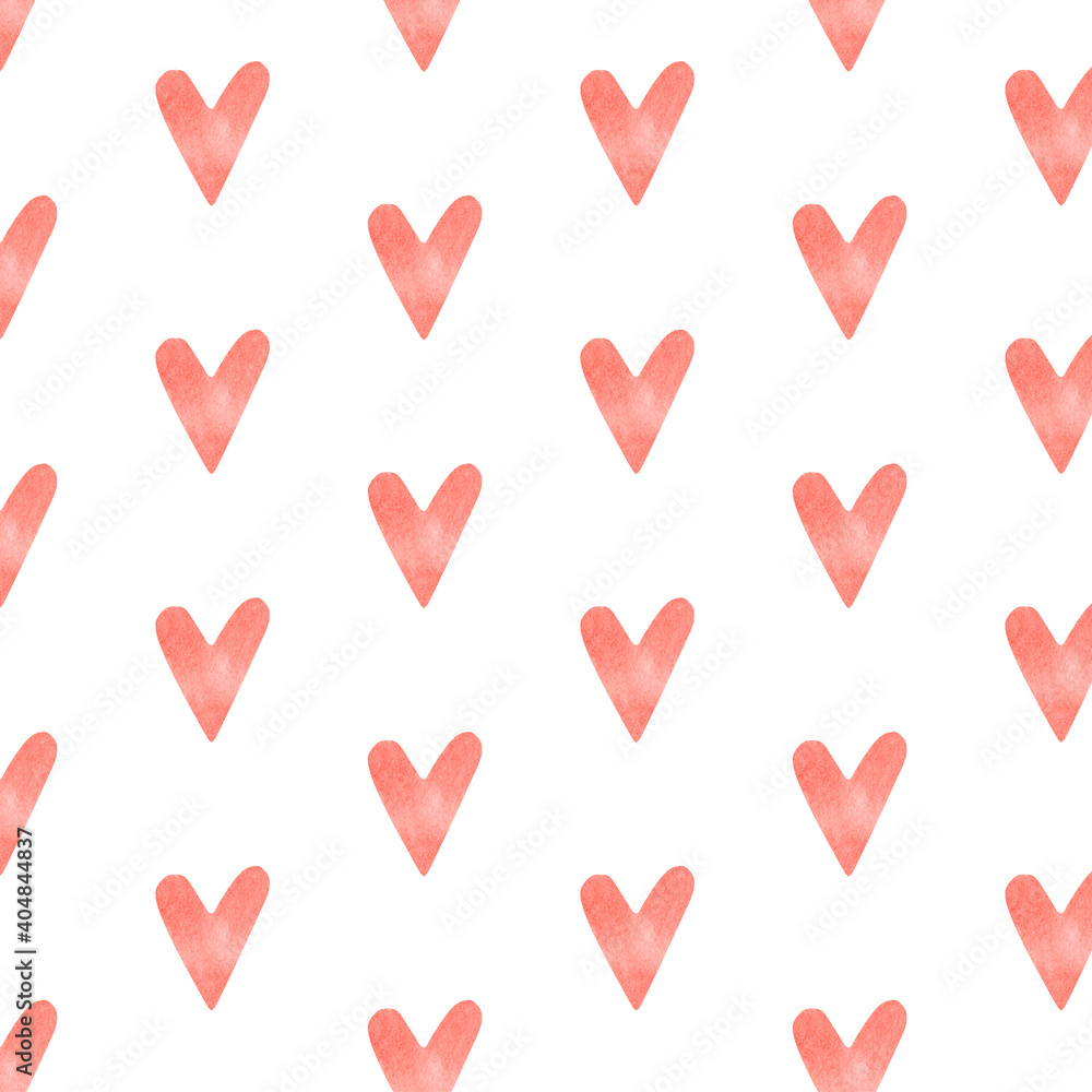 Seamless pattern with red watercolor hearts. Background romantic design. Happy Valentine's day or wedding background. Pink watercolour heart pattern