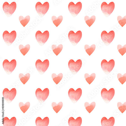 Seamless red watercolor gradient hand painted hearts pattern. Valentine s day pink background   