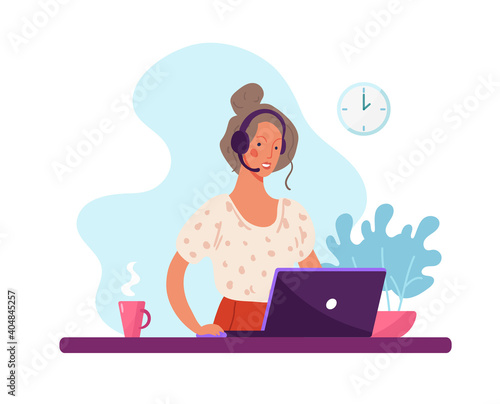 Woman with microphone and headphones and computer, call center, customer service and support, podcast. Flat vector illustration of teleworking concept. Vector illustration isolated on white background
