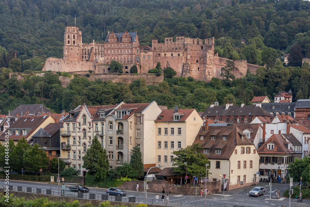 Hill view of Heidelberg old town after sunset in summer