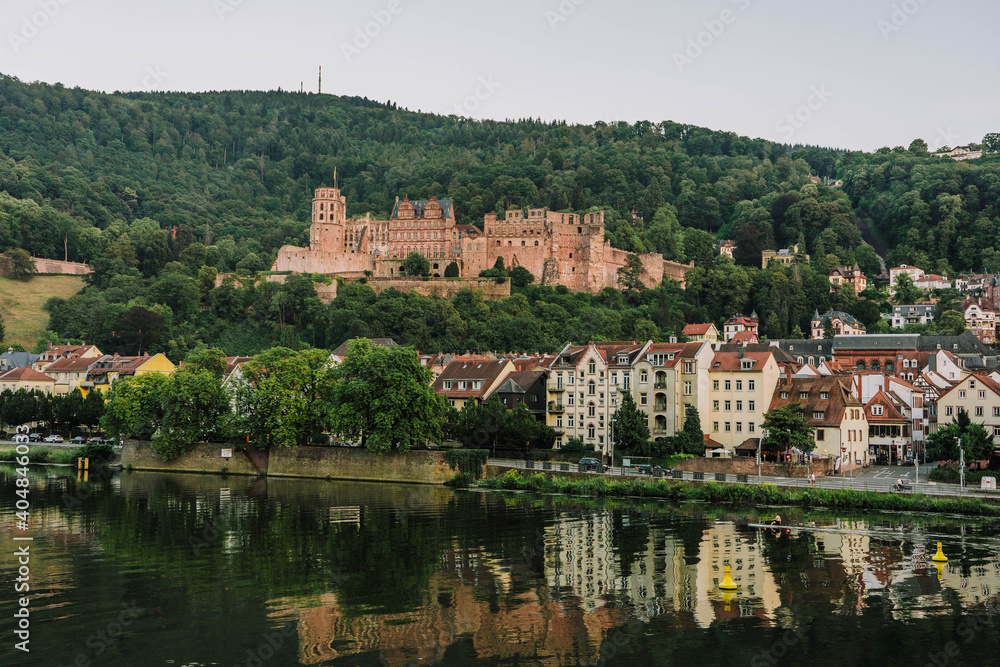Hill view of Heidelberg old town after sunset in summer