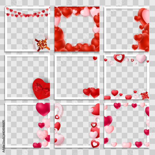Empty Blank Photo Frame 3d set with Hearts Template for Media Post  in Social Network for Valentine`s Day. Vector Illustration