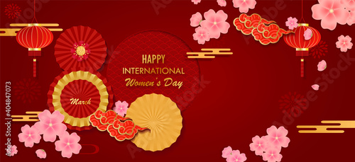 International women's day banner with paper cut flower of 8 with Asian element style on red background of Vector. © Kororo