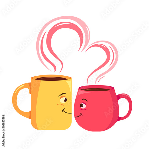 Valentine's Day. Illustration for the holiday. Lovers cups. Flat design. Cute cups with coffee.